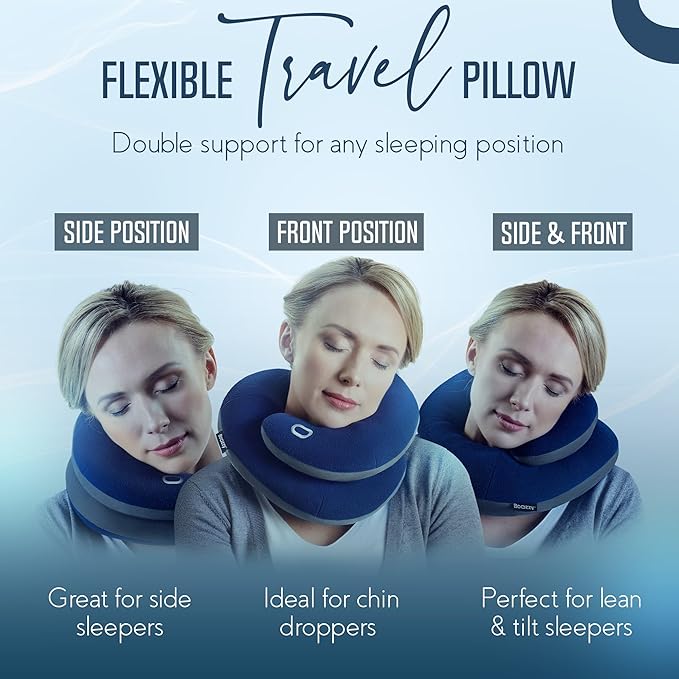 BCOZZY Travel Neck Pillow for Airplane – Patented Double Support for Head, Neck, and Chin. Best for Long Flights, Plane Sleeping, and Car Rides. Adjustable Size. Fully Washable. Carry Bag. Large, Gray