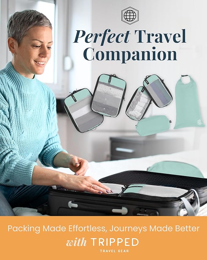 Premium Compression Packing Cubes for Travel, Compression Packaging Cube, Zip Bags Premium 6-Piece Set with laundry bag and shoe bag by TRIPPED Travel Gear (Dusty Teal Mesh)