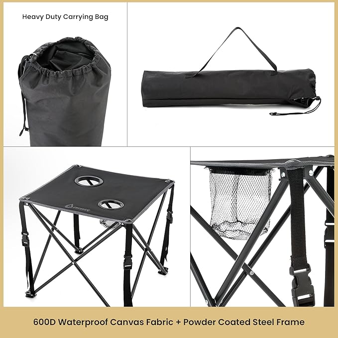 ARROWHEAD OUTDOOR 26” (66cm) Portable Camping Folding Table, 2 Cup Holders, Square, Carrying Case, Steel Frame, High-Grade 600D Canvas