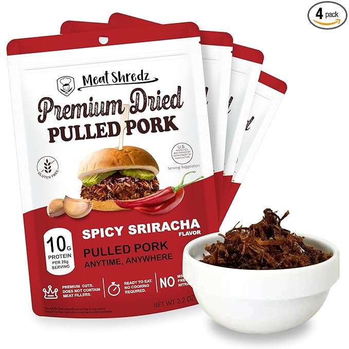 Meat Shredz - Premium Dried Pulled Pork (Sriracha Flavor, 4 Pack) | Gluten Free | High Protein & Low Sugar | Bacon Bits | Dehydrated Backpacking & Camping Food | Shredded, Dried Jerky Chew Snack