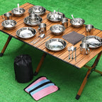 Lallisa Outdoor Camping Cookware Mess Kit Polished Stainless Steel Dishes Camping Utensils Portable Tableware with Plates Cups Spoons Forks Knives Mesh Bag for Backpacking Hiking