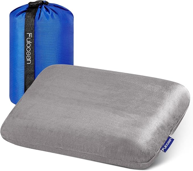 Memory Foam Travel & Camping Pillow for Airplanes & Backpacking, Small Pillow for Car Sleeping & Hiking with Washable Cover & Portable Bag, Medium Firm Contoured Support Waterproof Grey Camp