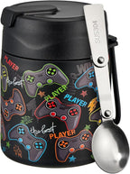 17oz Soup Thermo for Hot Food Kids Insulated Vacuum Food Jar with Stainless Steel Spoon Wide Mouth Thermo Leakproof Lunch Food Container Kids Hot Lunch Box (Black-Game)