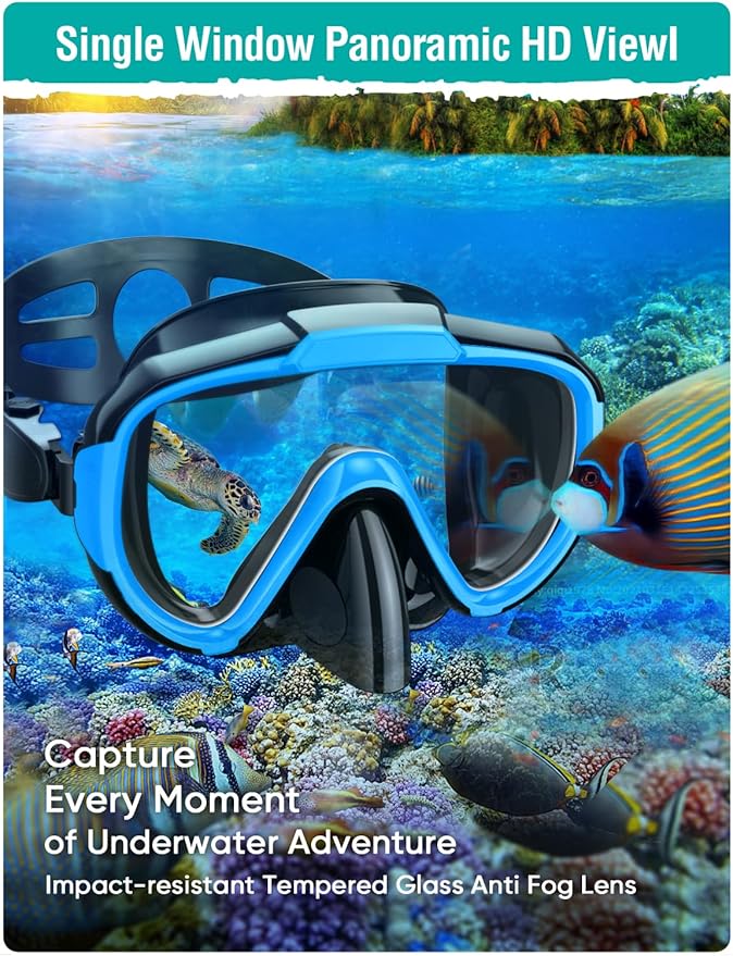 Snorkel Set Adults Snorkeling Gear Anti-Fog Panoramic View Swim Mask Dry Top Snorkel Kit with Carry Bag for Snorkeling Scuba Diving Swimming Travel