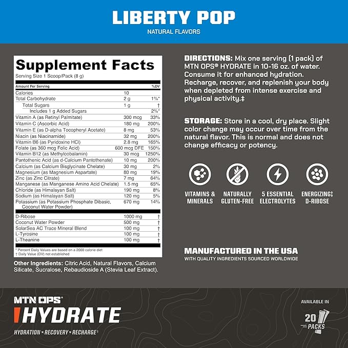 MTN OPS Hydrate Electrolytes Powder Drink Mix, 20 Single Serving On-The-Go Electrolyte Packs with Over 1000mg of Electrolytes per Serving, Liberty Pop