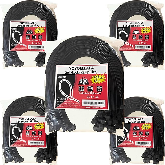 200lb Zip Ties Heavy Duty 18 Inch 350pcs, Large Black Cable Tie, Thick Heat Resistant Zipties, Big Wide Wire Ties, Industrial Tie Wraps for Outdoor Use