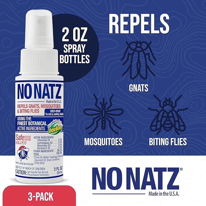 No Natz Botanical Bug Repellent, Effective for Gnat, Mosquito, and Biting Flies, Hand-Crafted and DEET-Free, Non-Greasy Formula, Made in The USA, 2 Ounce Spray Bottle, 3-Pack