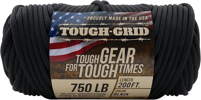 TOUGH-GRID Paracord Rope 750 lbs Nylon Parachute Cord, Made in USA Survival Kit, Outdoor Adventures, Camping, Tactical Gear & Emergency Supplies, Military Type IV Mil-Spec
