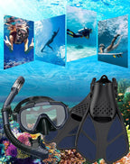 Snorkeling Gear for Adults Men Women,4 in 1 Snorkel Set with Panoramic View Diving Mask Anti-Fog Anti-Leak,Dry Top Snorkel,Fins and Travel Bag for Swimming,Snorkeling and Travel Diving