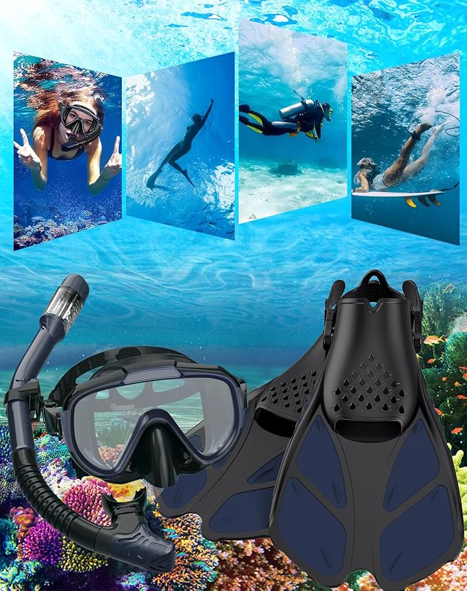 Snorkeling Gear for Adults Men Women,4 in 1 Snorkel Set with Panoramic View Diving Mask Anti-Fog Anti-Leak,Dry Top Snorkel,Fins and Travel Bag for Swimming,Snorkeling and Travel Diving