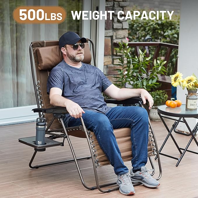TIMBER RIDGE Oversized Zero Gravity Chair, 33In Wide XXL Zero Gravity Reclining Chair with Side Table, Full Padded Lounge Chair for Outdoor Camping Patio Lawn, Heavy Duty Supports 500lbs, Brown-1 Pack