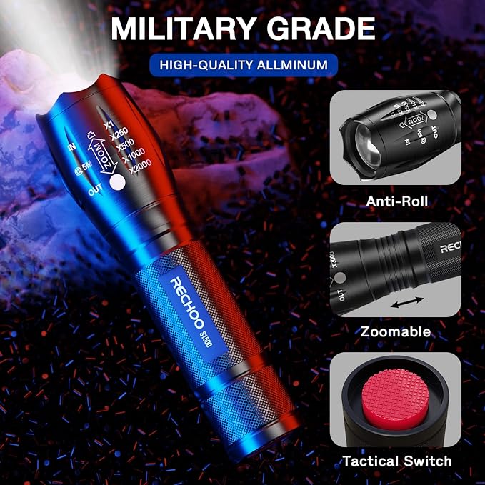 RECHOO 2 Pack LED Flashlights High Lumens - 5 Modes, Zoomable, Waterproof & Super Bright Tactical Torch for Camping, Hiking, Emergency, Home Essentials (Batteries not Included)