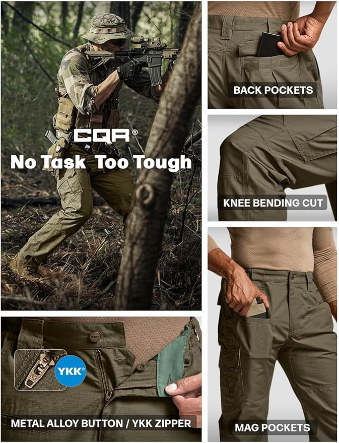 CQR Men's Tactical Pants, Water Resistant Ripstop Cargo Pants, Lightweight EDC Work Hiking Pants, Outdoor Apparel