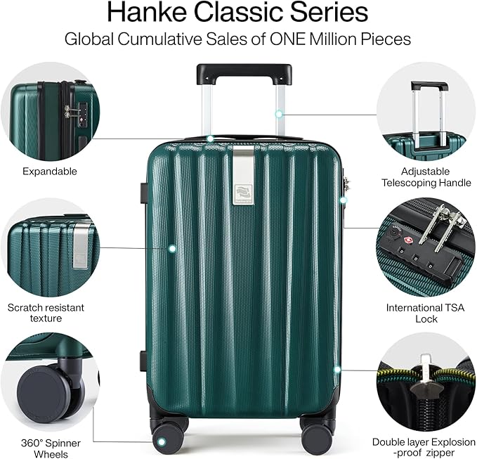Hanke Expandable Hardshell Luggage Sets 3 piece Carry on Luggage with Wheels Suitcases Lightweight Checked Travel Luggage Rolling Large Suitcase Travel Luggage Bag Woman Men 20/24/29 IN,Blackish Green