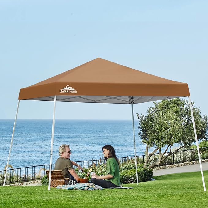EAGLE PEAK 10x10 Slant Leg Pop-up Canopy Tent Easy One Person Setup Instant Outdoor Beach Canopy Folding Portable Sports Shelter 10x10 Base 8x8 Top (Khaki)