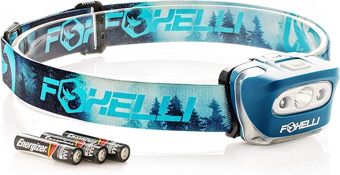 Foxelli LED Headlamp Flashlight for Adults & Kids, Running, Camping, Hiking Head Lamp with White & Red Light, Comfortable Headband, Lightweight & Waterproof, 3 AAA Batteries