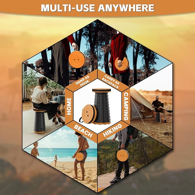 Collapsible Stool - Lightweight Portable Folding Stool for Camping, 330lb Capacity Telescoping Stool Adjustable Height(2.3-17.7") for Camping Fishing Travel