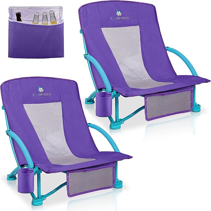 Beach Chairs for Adults 2 Pack,Heavy Duty Folding Low Back Camping Chairs w/Cooler Bag,Mesh Back,Cup Holder & Storage Bag,Compact Sling Chair for Lawn,Picnic,Travel,Purple