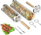 Rolling Grilling Baskets for Outdoor Grill, 2 Pcs BBQ Grill Basket, Stainless Steel Barbeque Grill accessories set, Camping Picnic Cooking Tools for Vegetable/Shrimp/Chicken, Gifts for Men Dad Husband