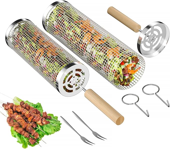 Rolling Grilling Baskets for Outdoor Grill, 2 Pcs BBQ Grill Basket, Stainless Steel Barbeque Grill accessories set, Camping Picnic Cooking Tools for Vegetable/Shrimp/Chicken, Gifts for Men Dad Husband