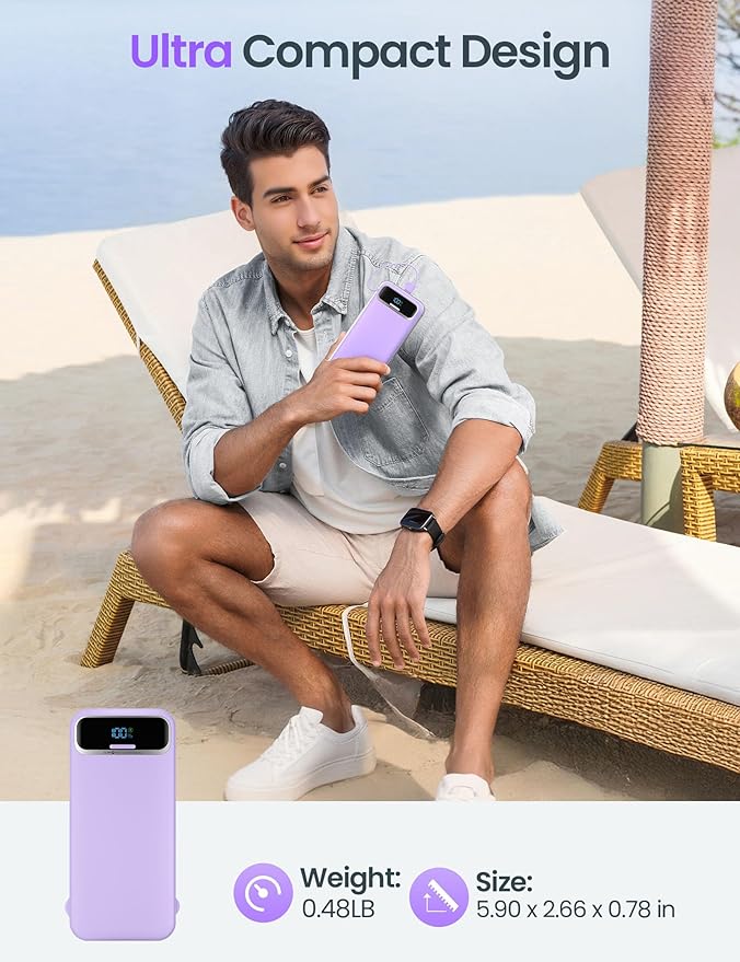 12000mAh Lightweight-Portable-Charger-Power-Bank with Built-in Cables and AC Wall Plug, PD20W USB-C Fast Charging Battery Pack, LED Display External Travel Phone Charger for All iPhone,Samsung,Android