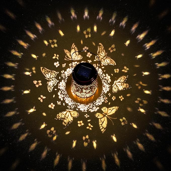 Butterfly Outdoor Solar Lanterns Decor, Nelyeqwo Waterproof Hanging Solar Lights Gifts for Women Men Metal Lantern Decor for Garden Patio Lawn Porch Backyard Tabletop Pathway Landscape