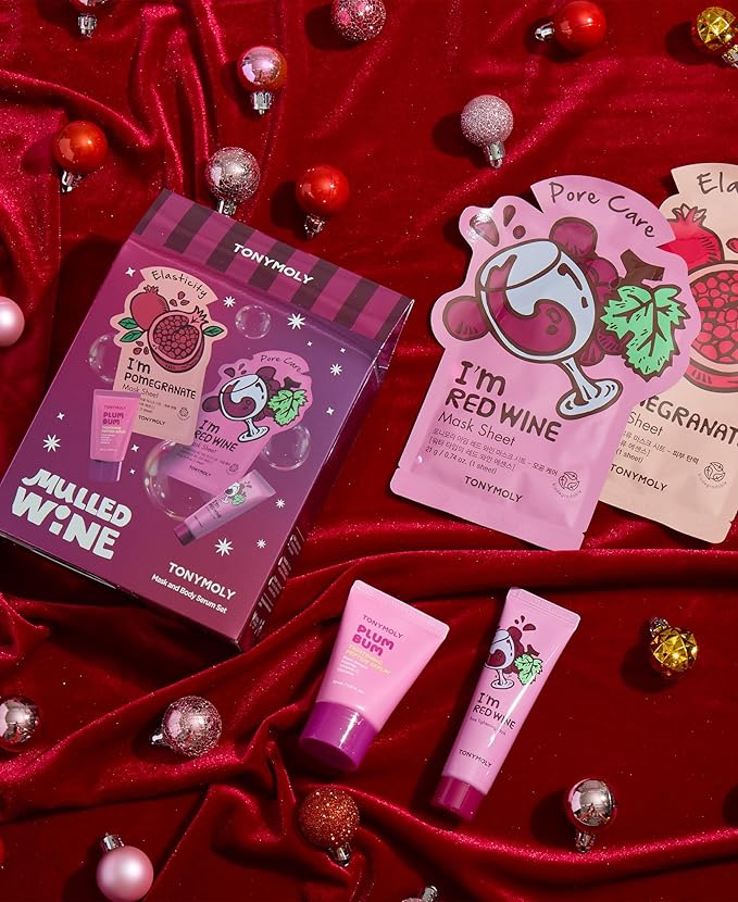 TONYMOLY Mulled Wine Mask & Body Serum Set – Holiday Skincare Gift, Secret Santa Gift, or White Elephant Exchange Idea, 4-Piece Hydrating & Pore Refining Set