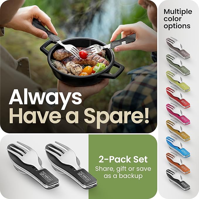 Orblue 4-in-1 Camping Eating Utensils, 2-Pack - Portable Spoon, Fork, Knife & Bottle Opener Combo Set - Stainless Steel Flatware with Detachable Fork - Travel, Backpacking Cutlery Multitool, Black