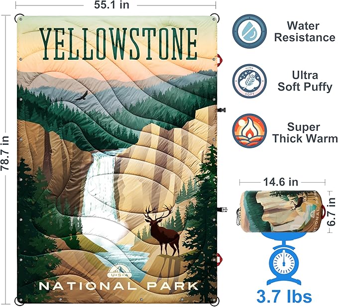 Sherpa Puffy Outdoor Blanket for Camping, Traveling, Car, Picnics, Beach, Concert, Stadium Sporting Events - Wearable, Machine Washable, Soft, Warm, Waterproof - 55 X 78 (Yellowstone NP)