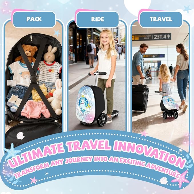 Baotree Scooter Suitcase for Kids, 2 in 1 Ride-on Luggage with Flash PU Wheels, Adjustable Handle & TPR Non-Slip Grip, Foldable & Lightweight, Ages 5-12