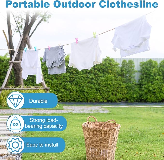 uxcell 2 Pcs Portable Travel Clothesline, 26.2ft Clothes Line Outdoors Travel Hanger Foldable Clothesline Rope with Hooks for Camping Hotel Backyard Home Cruise Ship, Green
