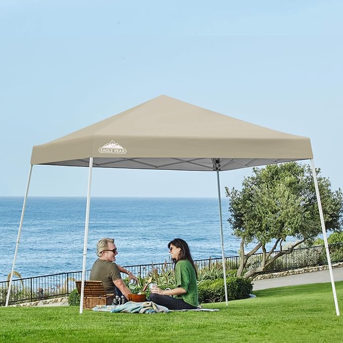 EAGLE PEAK 10x10 Slant Leg Pop-up Canopy Tent Easy One Person Setup Instant Outdoor Beach Canopy Folding Portable Sports Shelter 10x10 Base 8x8 Top (Light Beige)