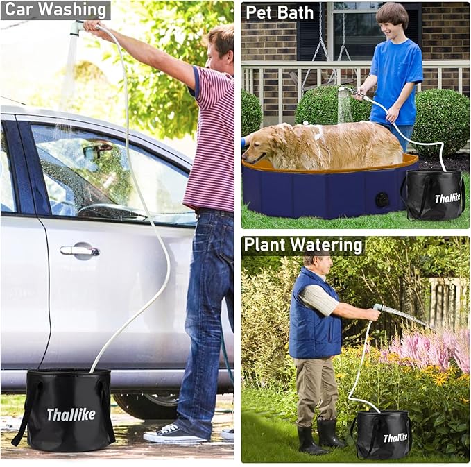 Portable Shower for Camping with Immersion Water Heater, Rechargeable Camping Shower Pump, Outdoor Hot Shower with 6.6 Gallons Folding Bucket for Camping, Hiking, Traveling, Washing