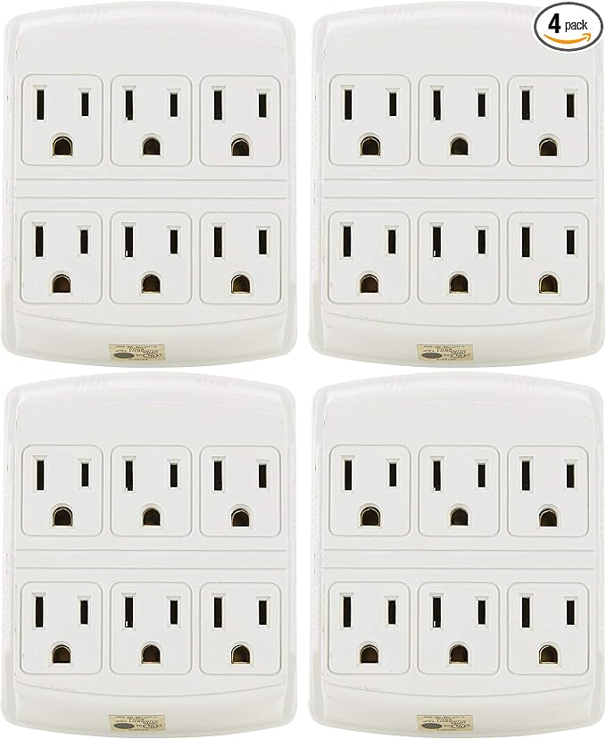Sunlite 41408 6 Grounded Outlet Adapter, Wall Mountable, 3 Prong Outlet Extender Power Strip, Home and Office, UL Listed, Ivory 4 Pack