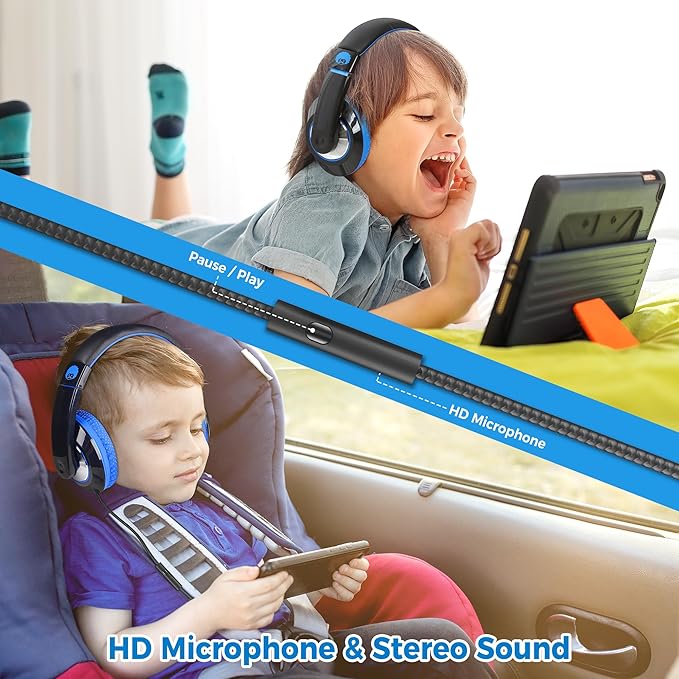 rockpapa Comfort+ Kids Headphones with Microphone, Boys Girls Student Over-Ear Headphones Wired Foldable for School Classroom Laptop PC Computer Tablet Black Blue