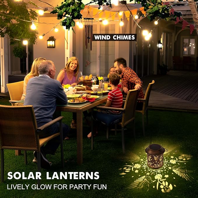 Solar Lanterns with Wind Chimes - Garden Decor Set Includes Greeting Card & Gift Wrap Paper, Patio Yard Birthday Gifts for Women, Solar Lanterns Outdoor Waterproof (Hummingbird)