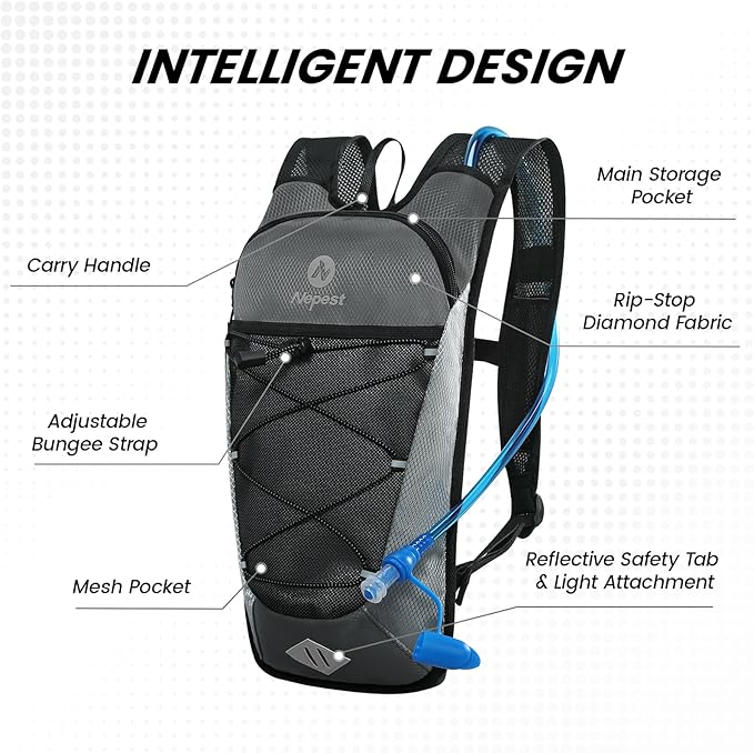 Nepest Hydration Backpack with 2L Water Bladder for Cycling, Water Backpack for Hiking Running, Lightweight Hydration Pack, Grey