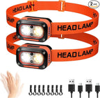 DARKBEAM LED Headlamp High Lumens USB Rechargeable Dual Light Headlight for Hardhat with Motion Sensor, Red Warning Light Up/Down Adjustable, Waterproof Head Lamps for Camping, Car Maintenance, 2 Pack