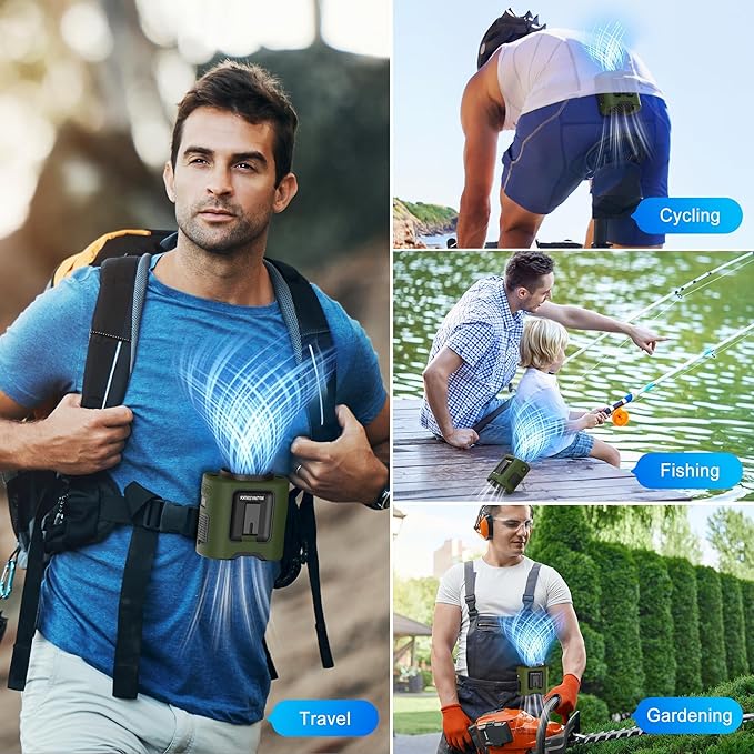 PANERGY Portable Waist Fan, 67H Runtime Wearable Fan with 4+1 Speeds, Storm Mode, 14500mAh Rechargeable Belt Fan with Dual Clip, Flashlight for Outdoor Jobsite(Army Green)