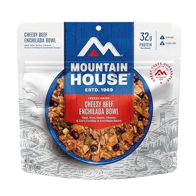 Mountain House GlutenFree Cheesy Beef Enchilada Bowl FreezeDried Food for Camping, 12 Servings, 30Year ShelfLife