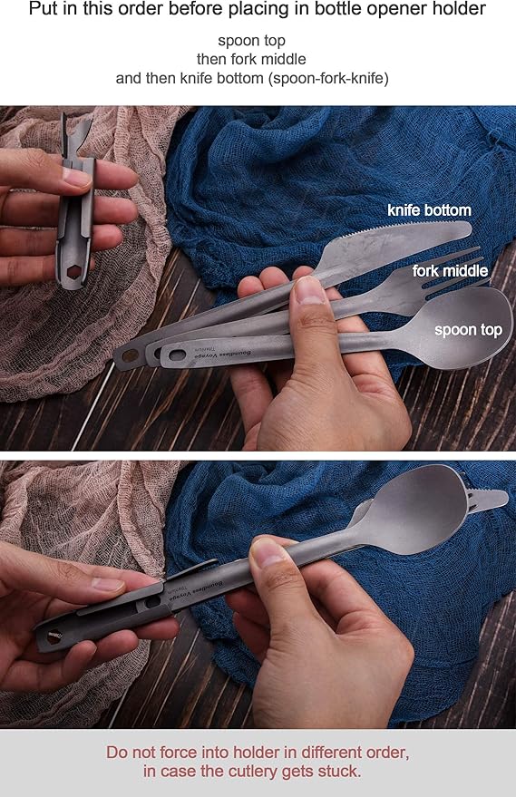 Boundless Voyage Utility Cutlery Set Titanium Spoon Fork Knife & Bottle Opener for Travel Camping in Easy to Store Cloth Case Ti1066T