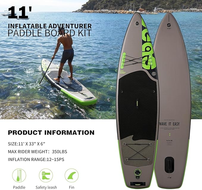 Inflatable Stand Up Paddle Board Includes Paddle, Dual Action Pump, and Accessories 11ft Lightweight iSUP, 33"*6" Wide Stable Design, Anti-Slip EVA Deck, Paddle Board for Adults