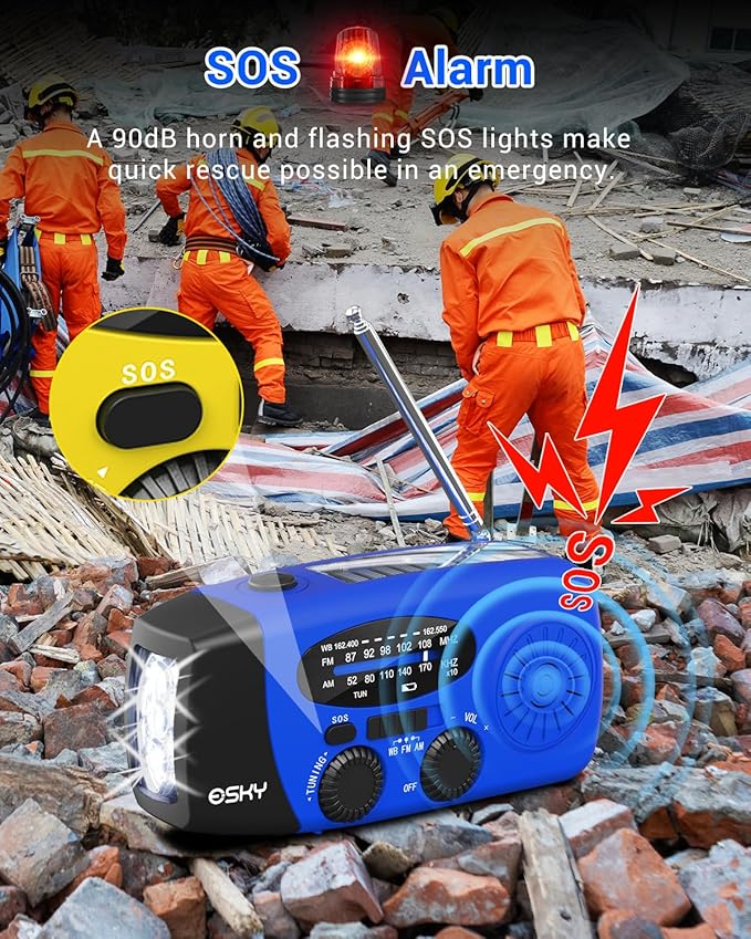 Esky Emergency Hand Crank Radio with 3 LED Flashlight, AM/FM/NOAA Portable Weather Radio with 2000mAh Power Bank Phone Charger, Solar Powered USB Rechargeable Radio for Indoor Outdoor Camping, Blue