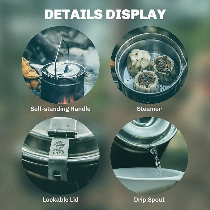 Firemaple Antarcti Stainless Steel Pot - Food Grade SUS304 Camping Pot with Steaming Function - Lightweight and Durable for Outdoor Cooking