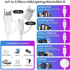 5-in-2 Multi Charging Cable for Apple Watch Charger: USB A/C Input, Lightning/Type C/Micro/Mini B/Wireless Output, for iPhone 15-13, iWatch 1-9, Galaxy S23-22, 4FT- Fast Charge- White