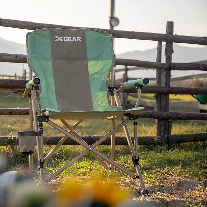 XGEAR Camping Chair Hard Arm High Back Lawn Chair Heavy Duty with Cup Holder, for Camp, Fishing, Hiking, Outdoor, Carry Bag Included