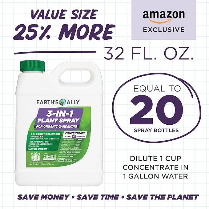 Earth's Ally 3-in-1 Plant Spray 32 oz Conc. Makes 4 gal | Insecticide, Fungicide & Spider Mite Control for Organic Gardening