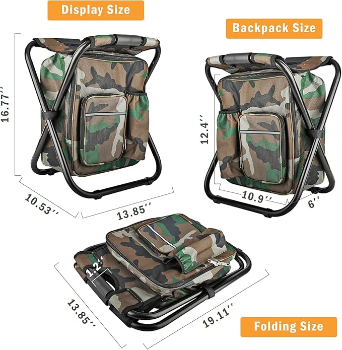 Kikerike Folding Stool Backpack Insulated Cooler Bag, Collapsible Camping Hunting Fishing Multifunction Chair with Front Pocket and Bottle Pocket for Outdoor Events, Hiking, Travel, Beach