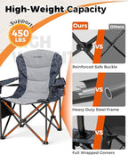 KingCamp Oversized Camping Folding Chair, Heavy Duty 450 LBS with Lumbar Support, Padded seat with Cup Holder&Cooler Bag, Ideal for Camp, Fishing, Sports Event, Backyard, Patio, Lawn (Lava Grey)