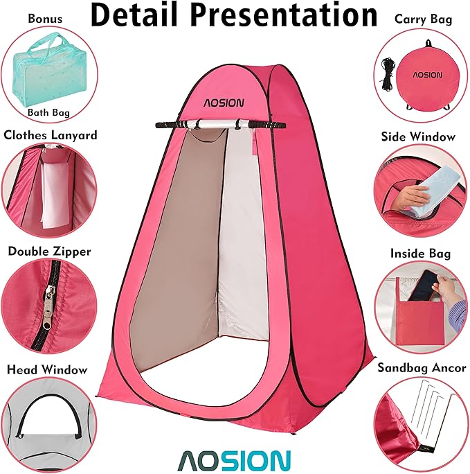 AOSION Privacy Shower Tent,Pop Up Changing Tent,Camp Bathroom Changing Dressing Room,Sun Sunshade Canopy Outdoor Rain Shelter for Camping Hiking Beach Picnic Fishing. (Pink)